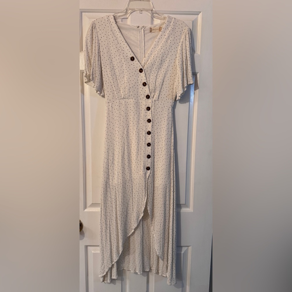 Altar'd State Cream High Low Polka Dot Lined Dress w/ Assymetrical Button Detail
